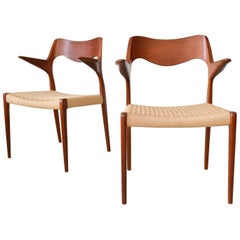 Pair of N.O. Møller Model 55 Teak and Papercord Armchairs, circa 1965