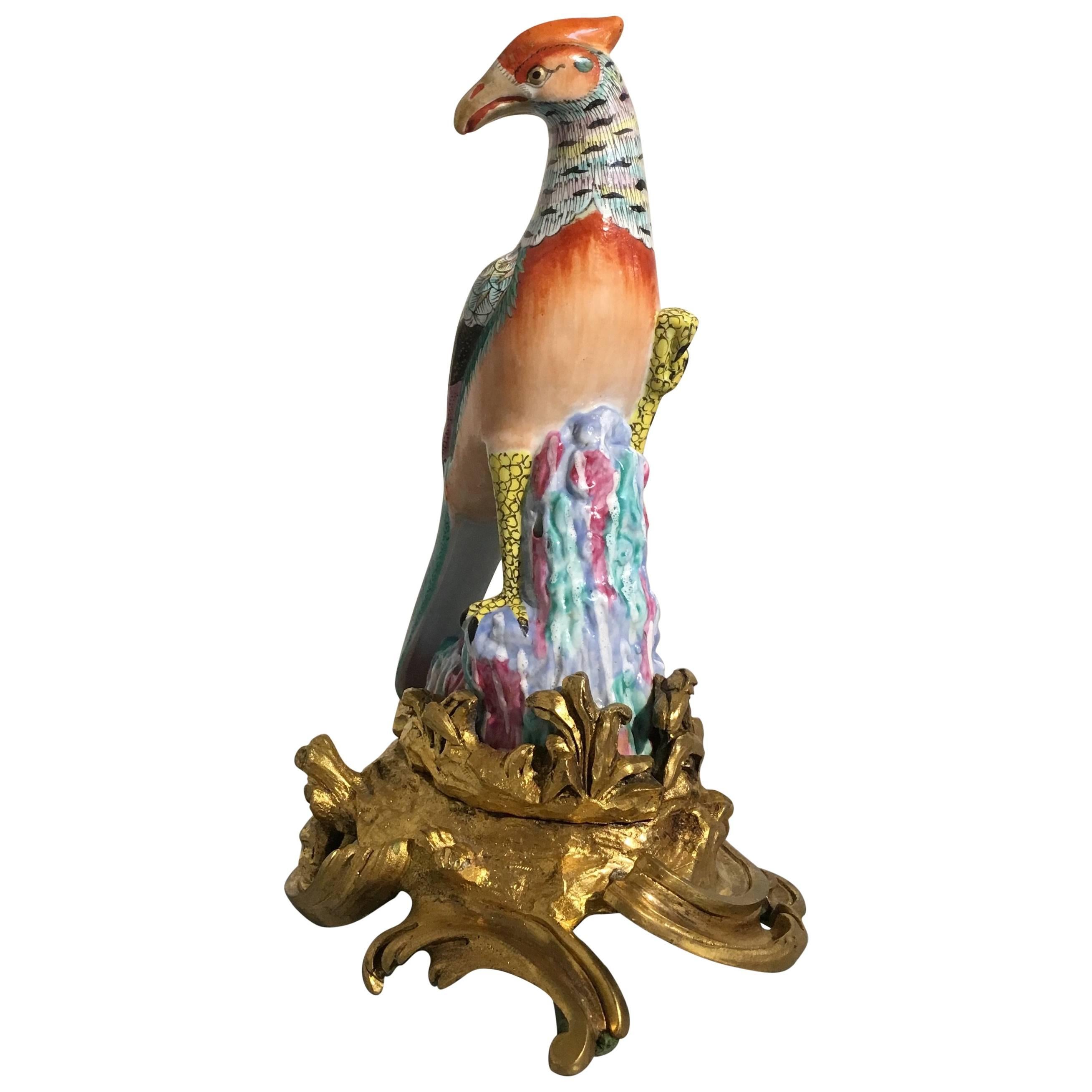 Chinese Export Famille Rose Pheasant With Ormolu Mounts, Late 19th Century For Sale