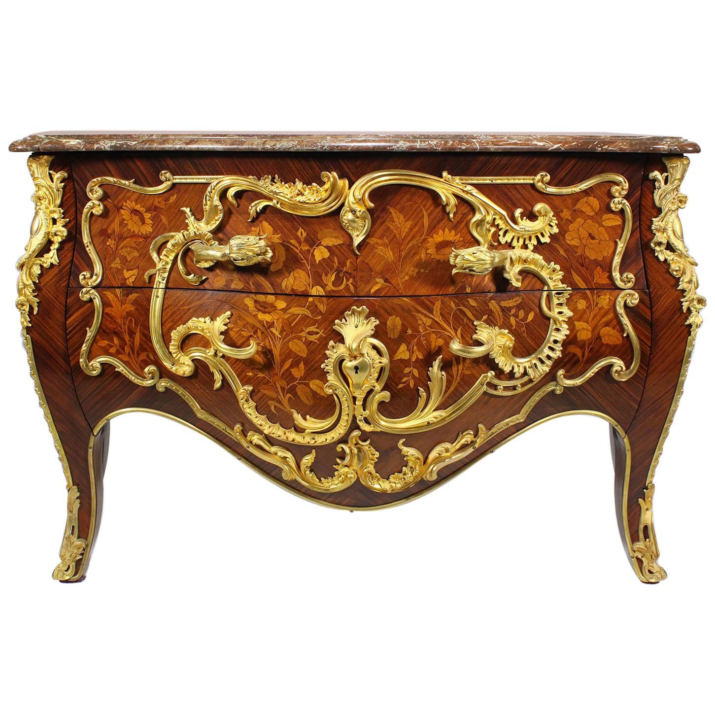 French, 19th Century, Louis XV Style Gilt Bronze-Mounted and Marquetry Commode For Sale