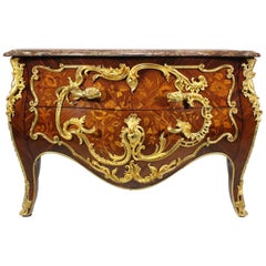 Antique French, 19th Century, Louis XV Style Gilt Bronze-Mounted and Marquetry Commode