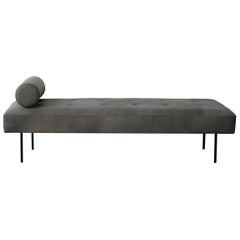 Contemporary Goddard Bench in Gray Leather with Steel Legs