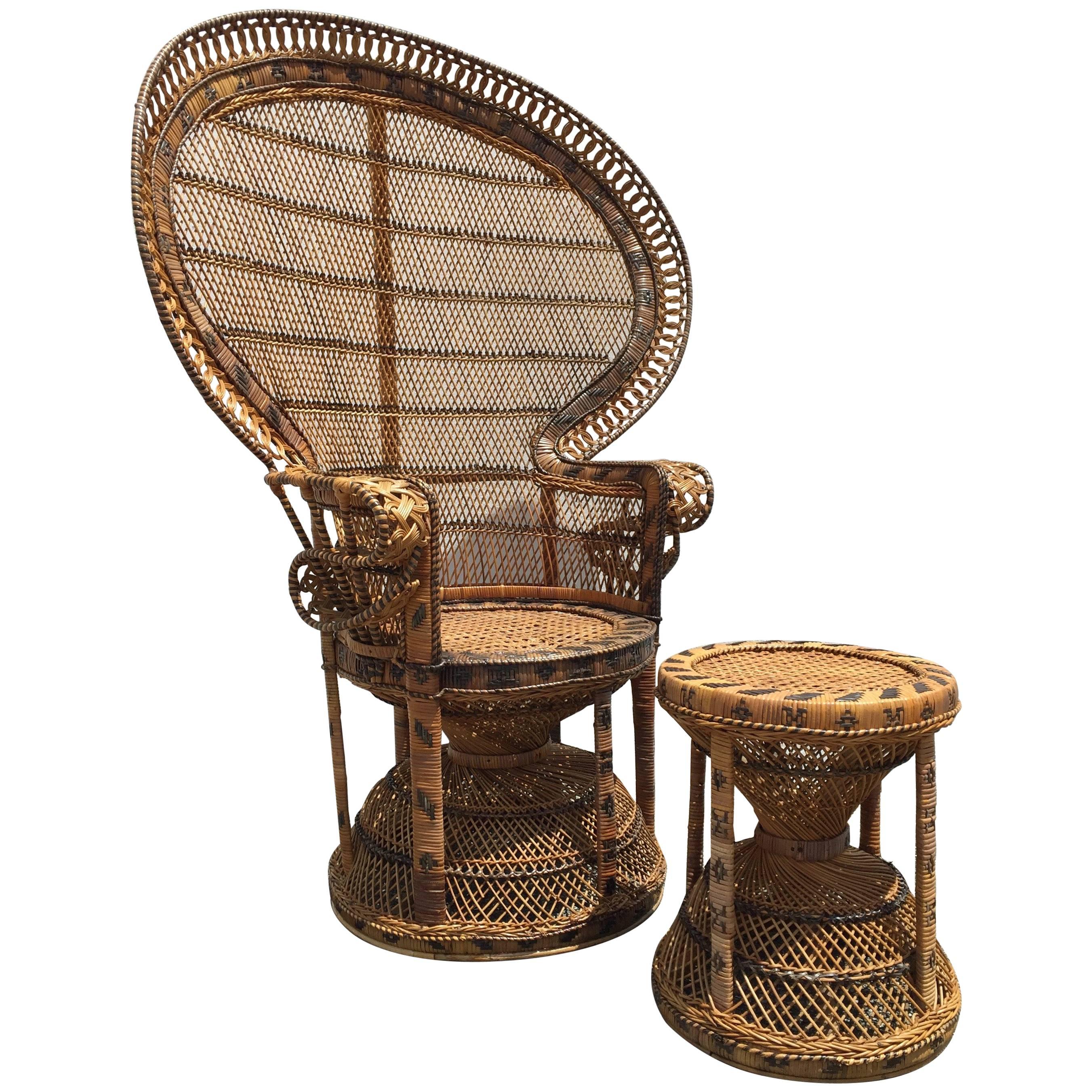 Iconic Rattan Two-Color Emmanuel Peacock Chair & Garden Seat, Restored