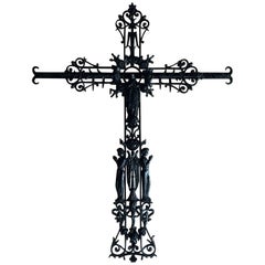 Antique Cast Iron Crucifix Cross French 19th Century Victorian Large