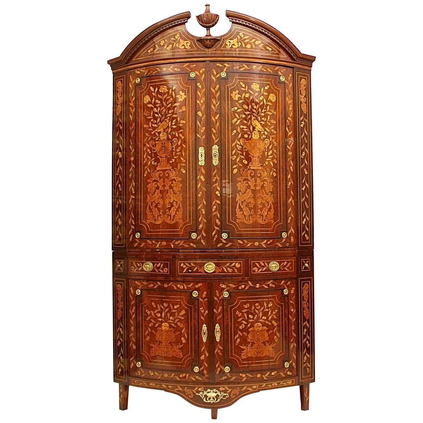 Large Neoclassical Flower Marquetry Bowfront Corner Cupboard