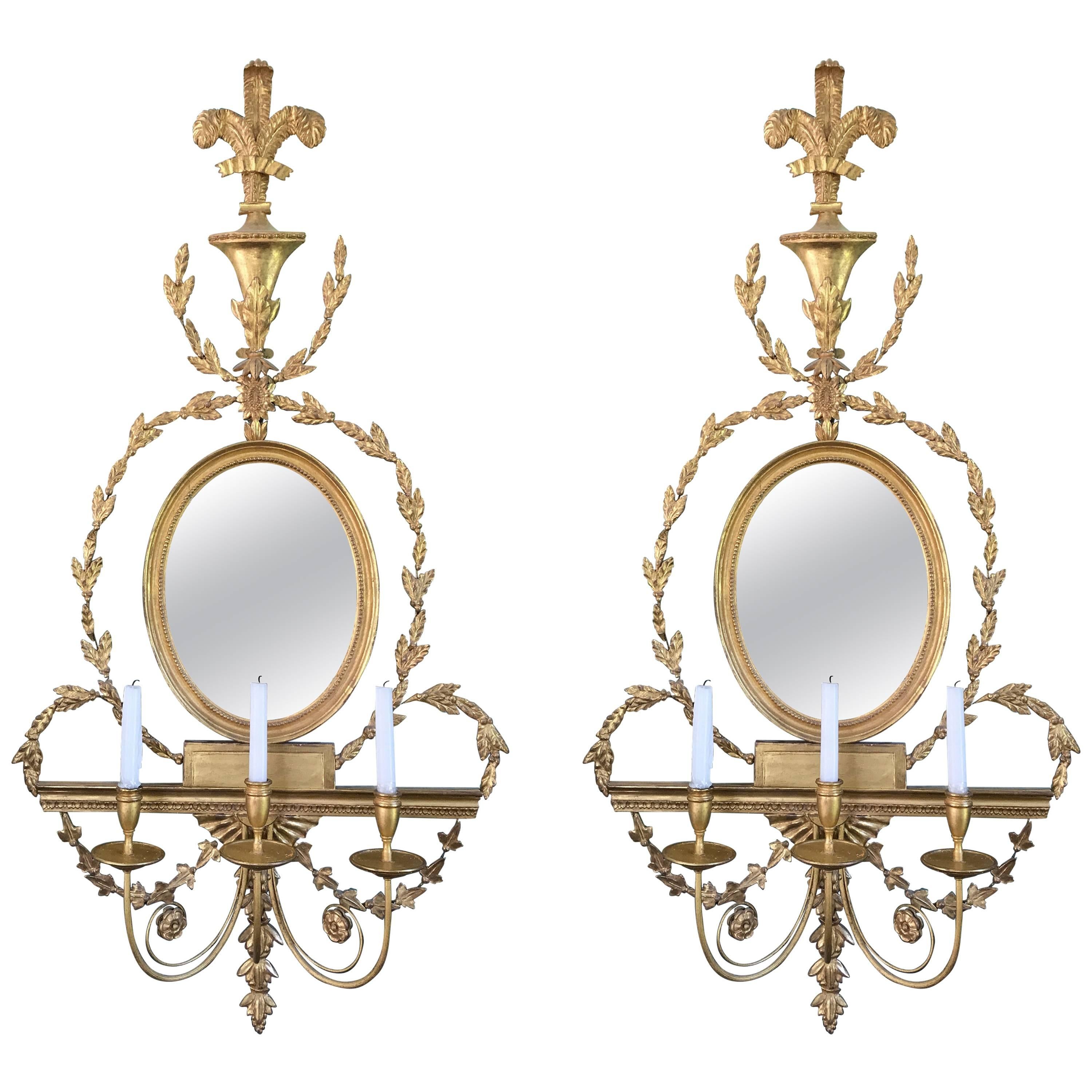 A a Pair Hand Carved Girandole Gilt Mirrored Wall Sconces Adams Style  For Sale