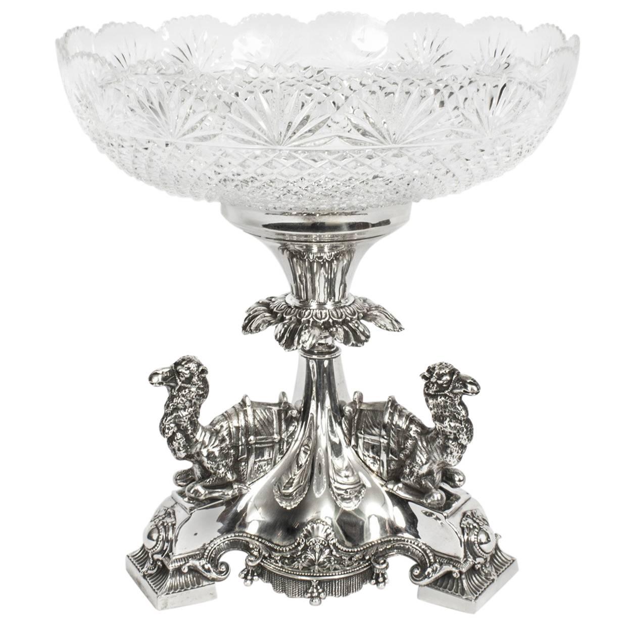 19th Century Victorian Silver Plate Camels Centrepiece Cut Crystal