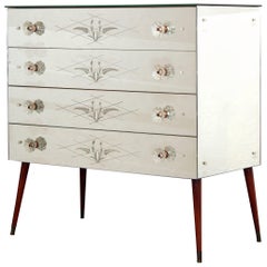 French Mid-Century Mirrored Chest of Drawers Fine Engraving Sputnik Legs