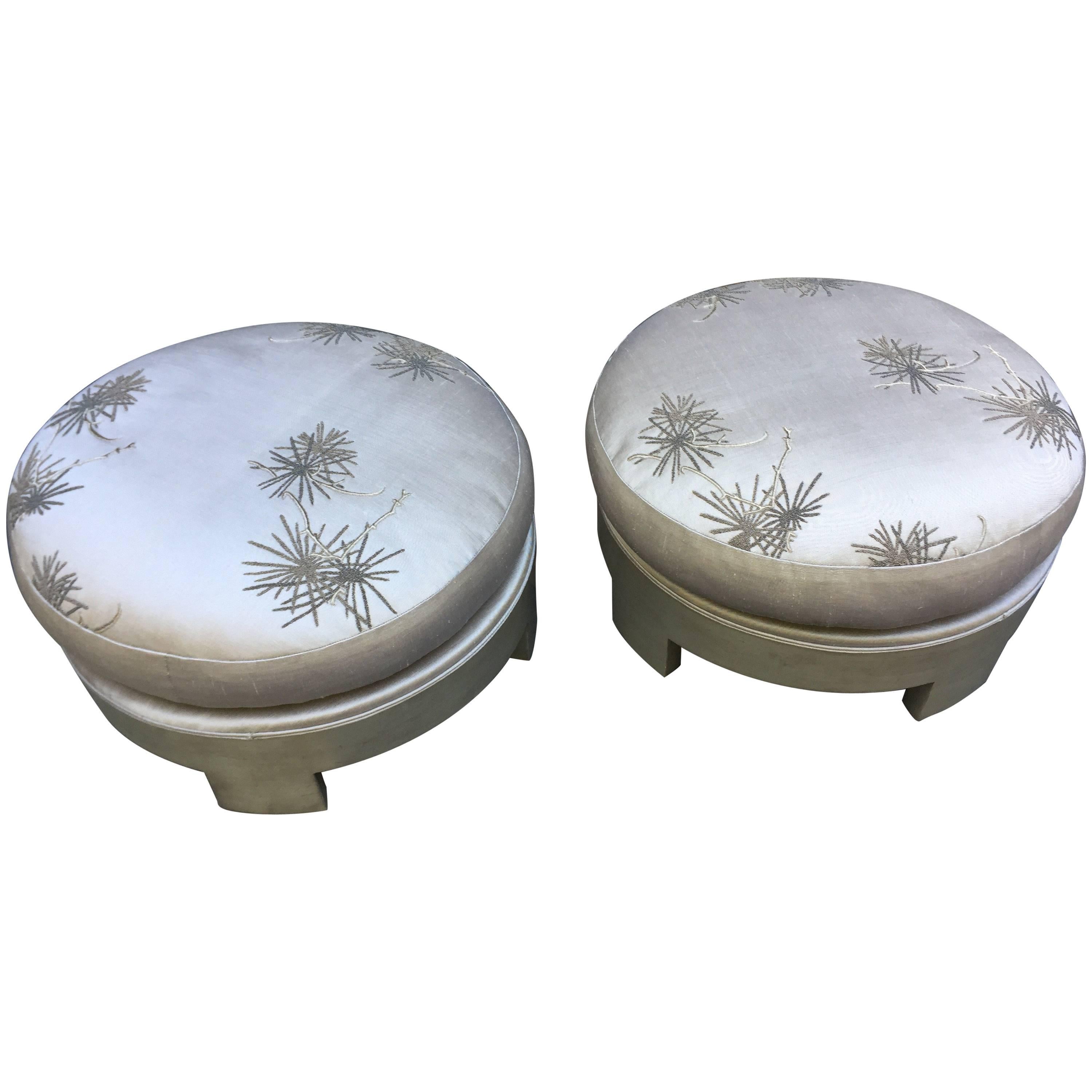 Pair of Stools Floral Contemporary Hand Embroidered White Gold Gilded Wood Base
