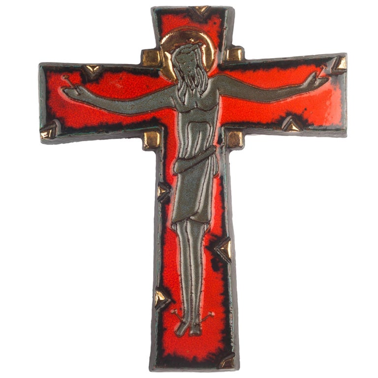 Large Wall Cross Red Black Gold Painted Ceramic Handmade In Belgium 1950s - Large Wall Cross Large Wall Cross Red Black Gold Painted Ceramic Handmade In Belgium 1950s - Large Wall Cross