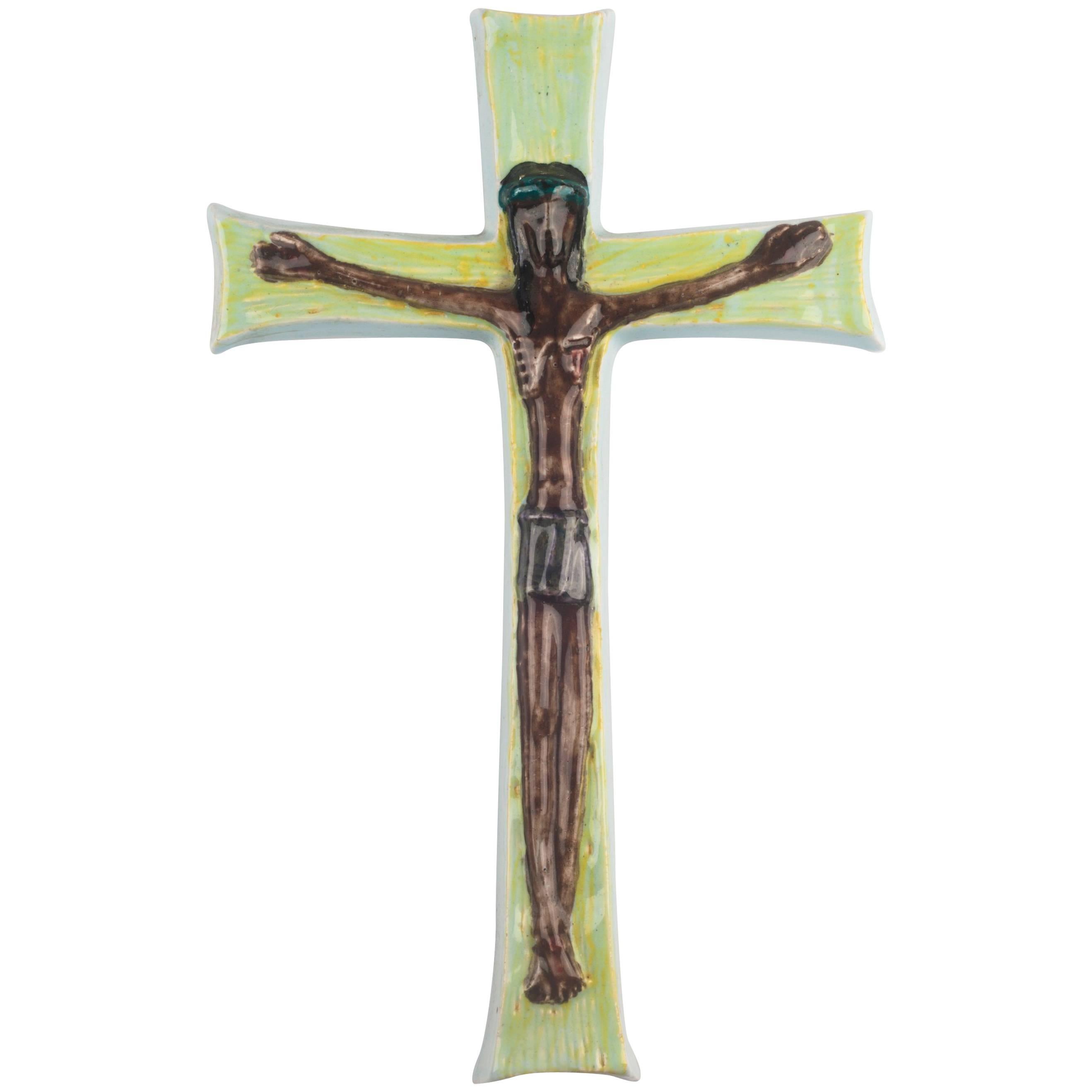 Large Wall Cross, Green, Brown Painted Ceramic, Handmade in Belgium, 1960s For Sale