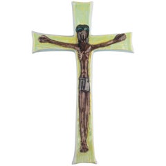 Large Wall Cross, Green, Brown Painted Ceramic, Handmade in Belgium, 1960s