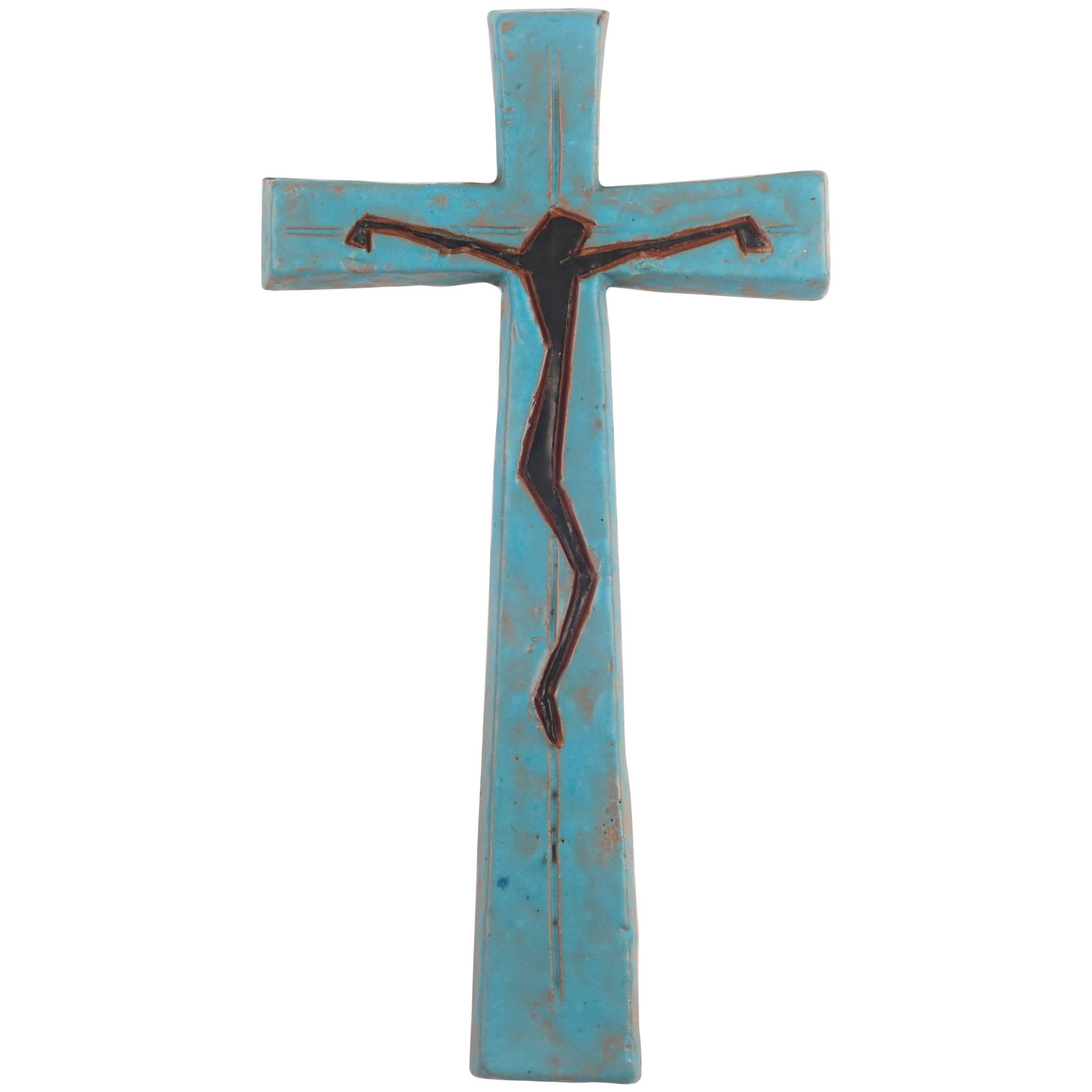 Wall Cross, Blue, Black, Brown Painted Ceramic, Handmade in Belgium, 1970s