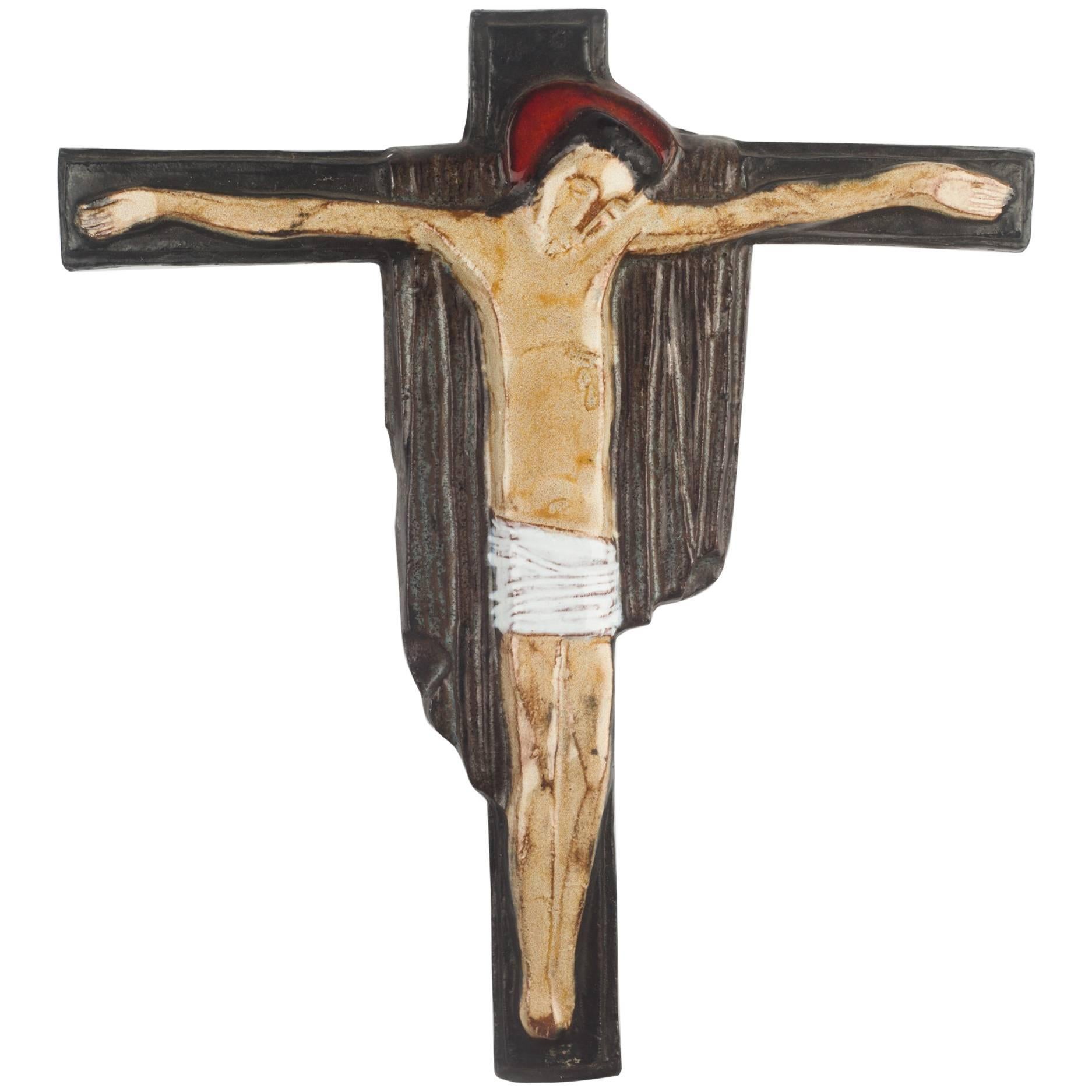 Wall Cross, Brown, Red, White Painted Ceramic, Handmade in Belgium, 1950s For Sale