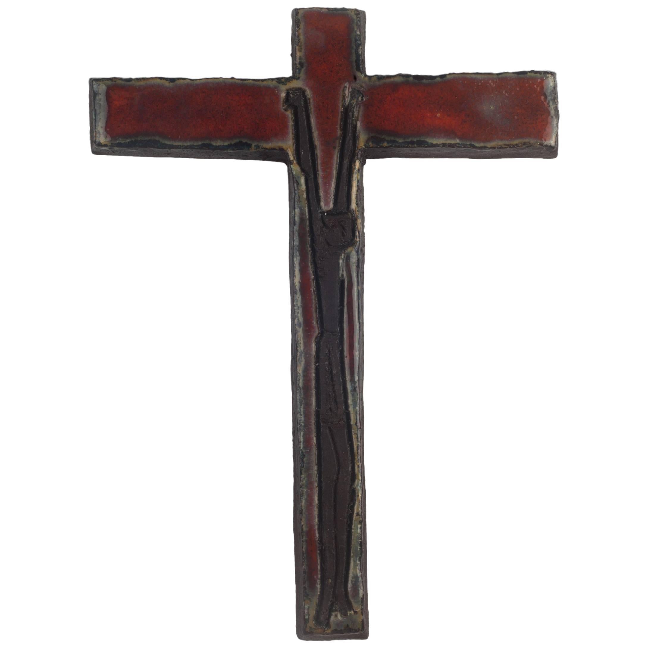 Wall Cross, Red, Black Painted Ceramic, Handmade in Belgium, 1960s For Sale