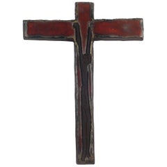 Wall Cross, Red, Black Painted Ceramic, Handmade in Belgium, 1960s Wall Cross, Red, Black Painted Ceramic, Handmade in Belgium, 1960s