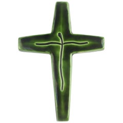 Wall Cross, Green Painted Ceramic, Handmade in Belgium, 1960s