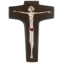 Wall Cross, Brown, Red, Yellow Painted Ceramic, Handmade in Belgium, 1950s