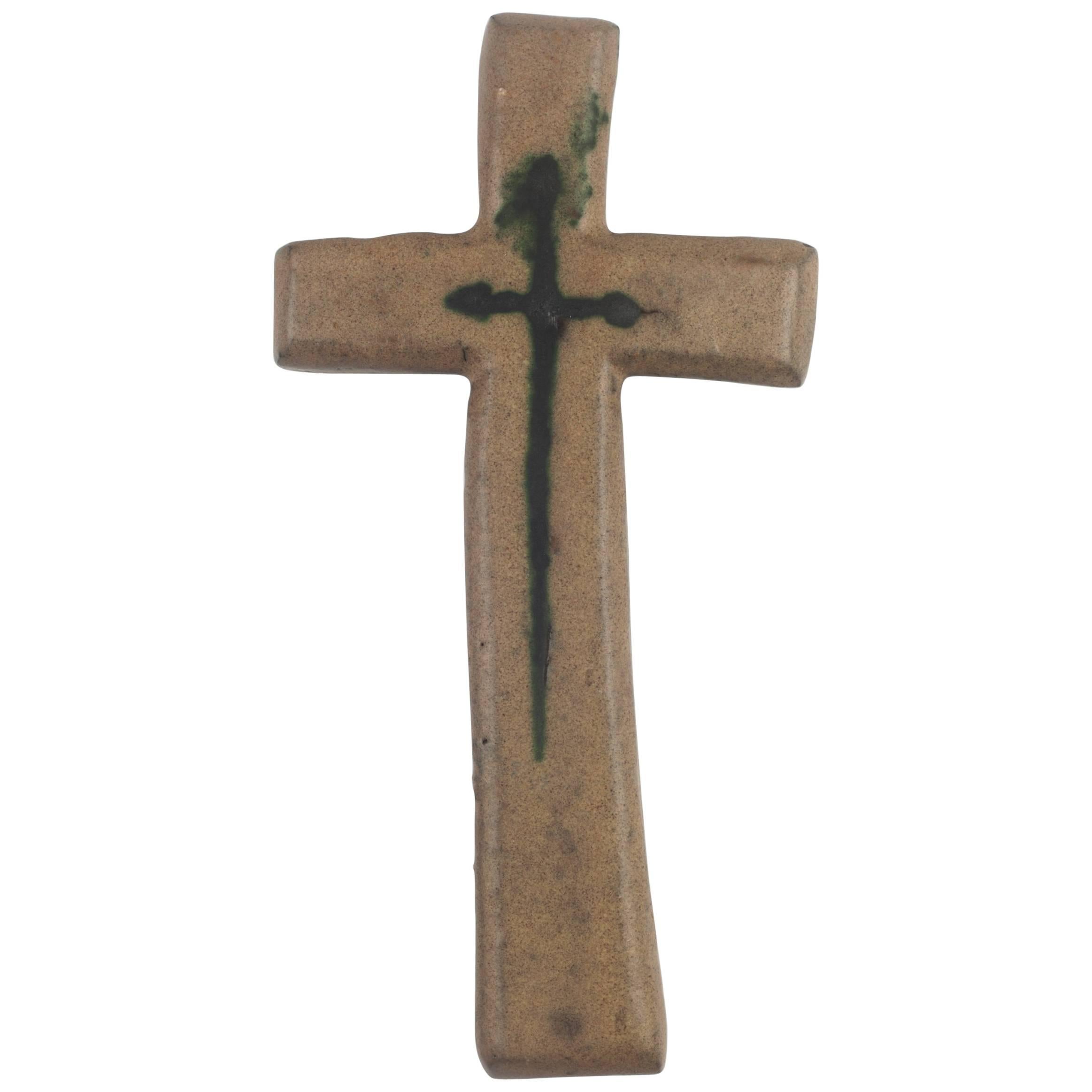 Wall Cross, Beige and Blue Painted Ceramic, Handmade in Belgium, 1970s For Sale