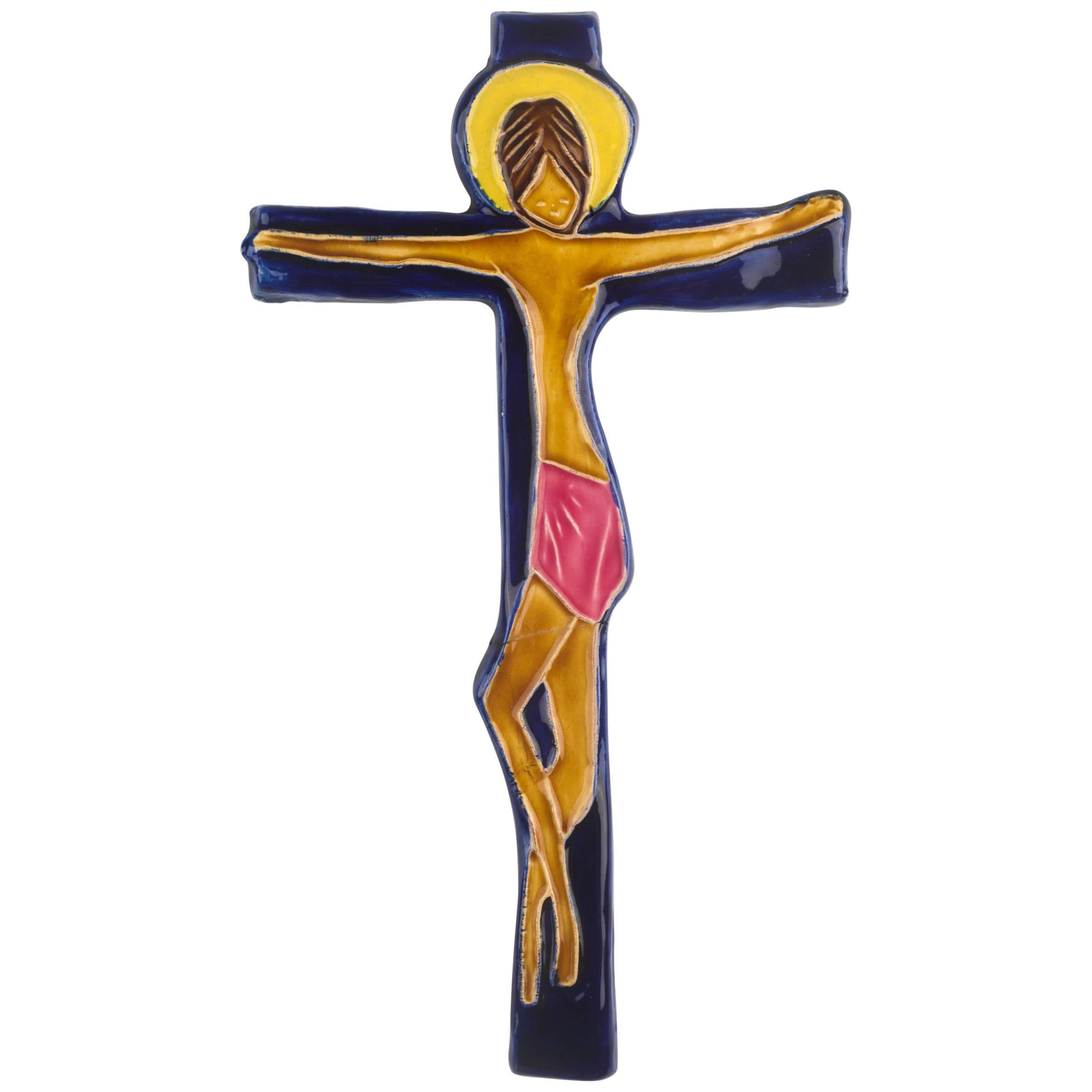 Wall Cross, Blue, Pink Yellow Painted Ceramic, Handmade in Belgium, 1960s For Sale