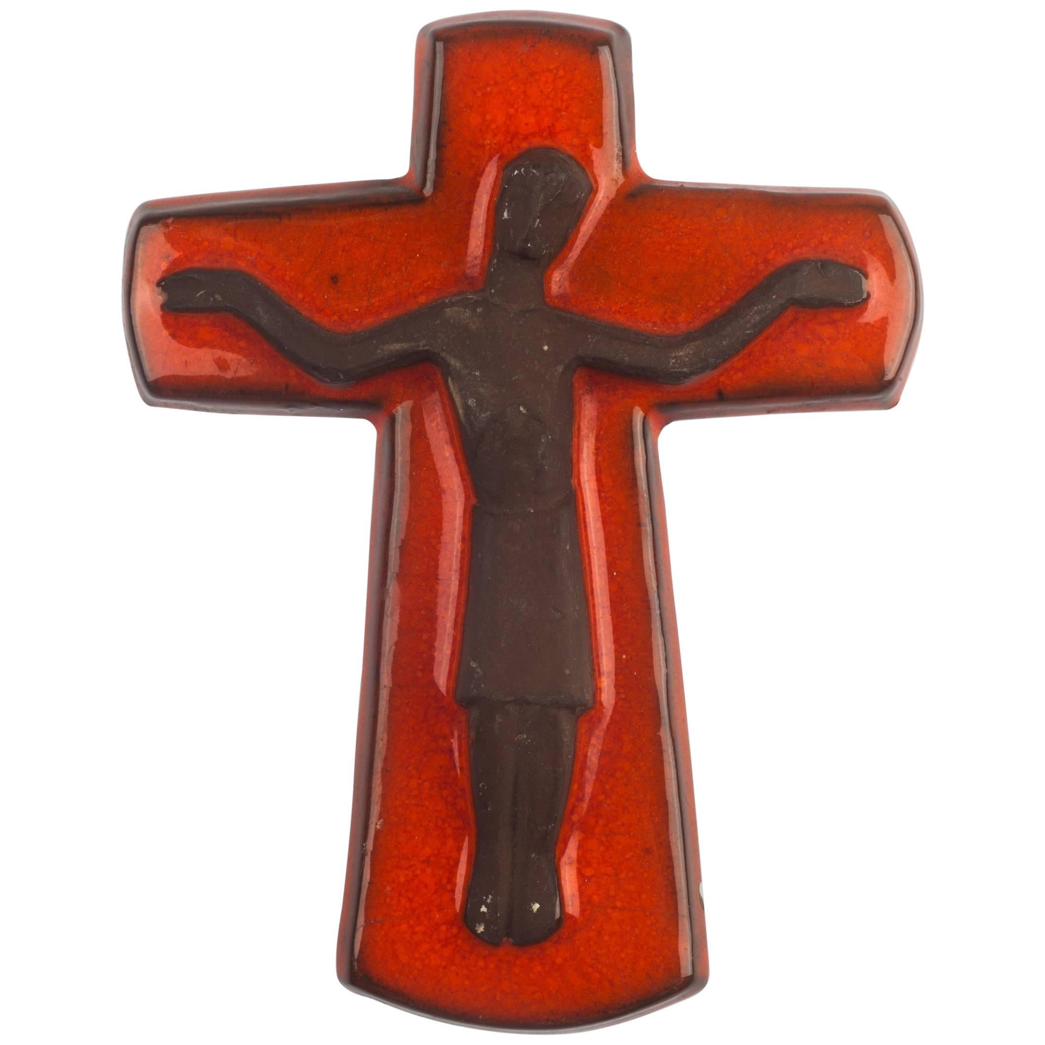 Wall Cross, Brown and Orange Painted Ceramic, Handmade in Belgium, 1960s For Sale