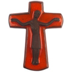 Wall Cross, Brown and Orange Painted Ceramic, Handmade in Belgium, 1960s