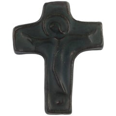 Wall Cross, Dark Blue Painted Ceramic, Handmade in Belgium, 1970s