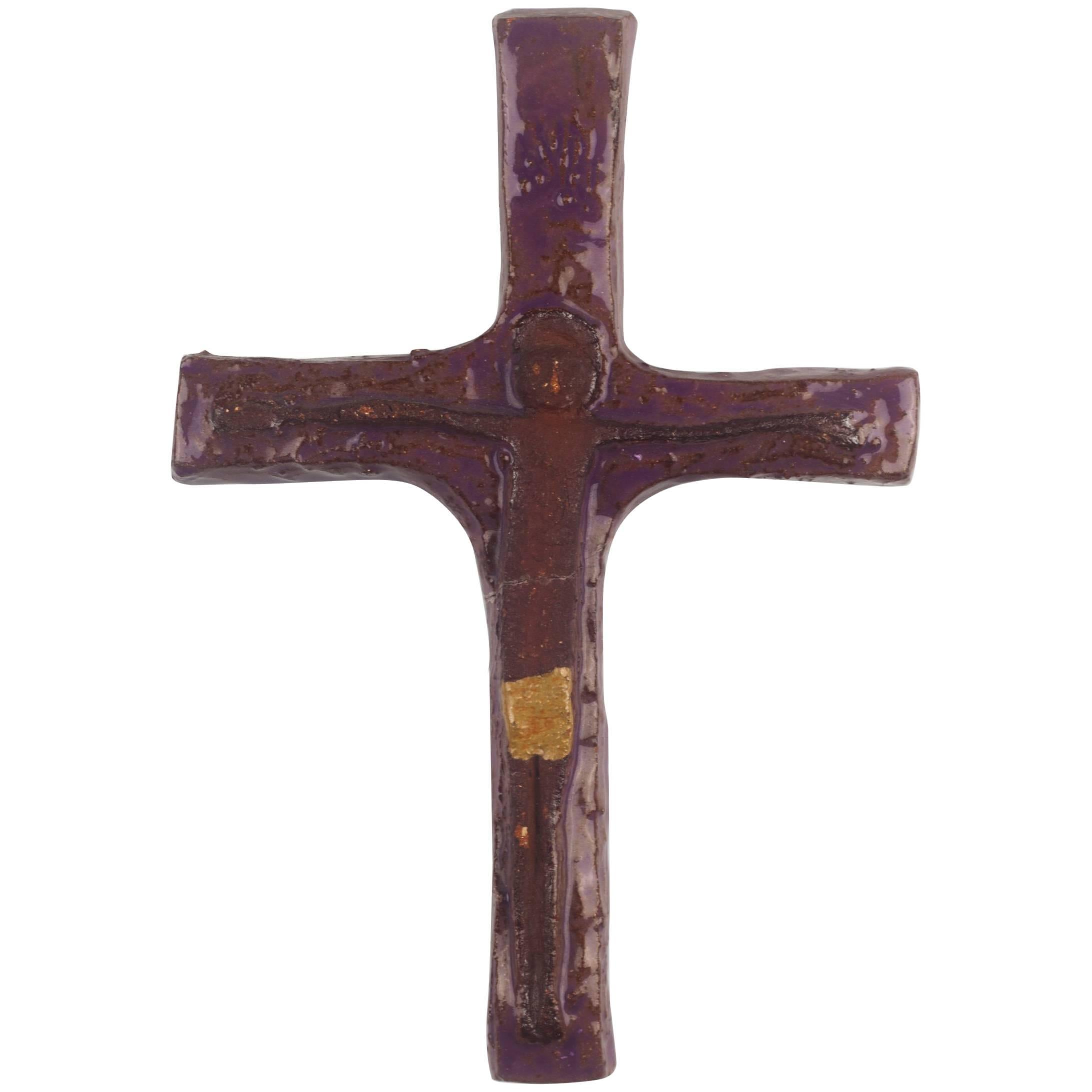 Wall Cross, Purple, Brown and Yellow Painted Ceramic, Handmade in Belgium, 1970s For Sale