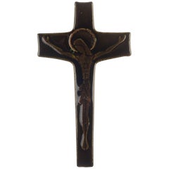 Wall Cross, Dark Brown Painted Ceramic, Handmade in Belgium, 1960s 12