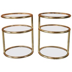 Milo Baughman Style Pair of Brass Swivel Glass Side Tables