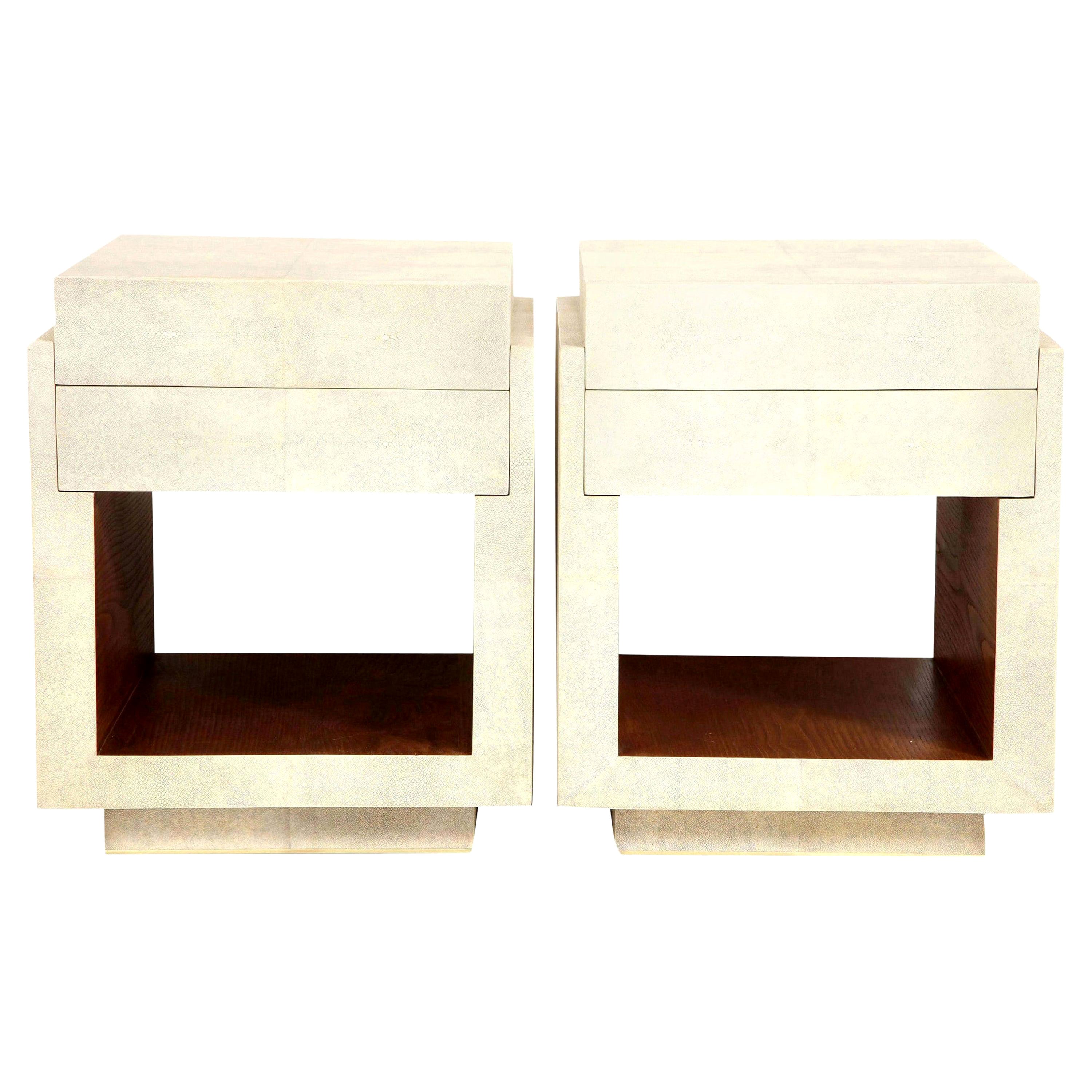 Shagreen Bedside Tables & Side Tables, Cream Color Shagreen & Palm Wood, New