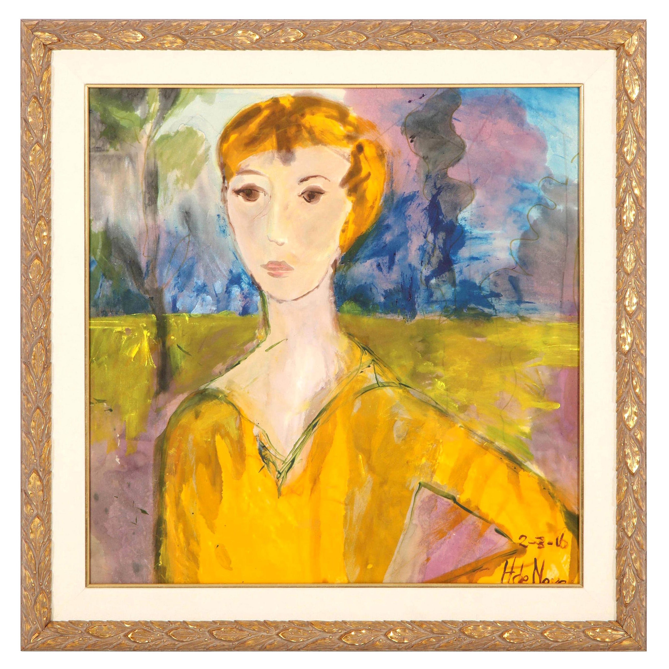 Painting, "the Golden Lady", Modern Contemporary Art, Painted on Silk Fabric