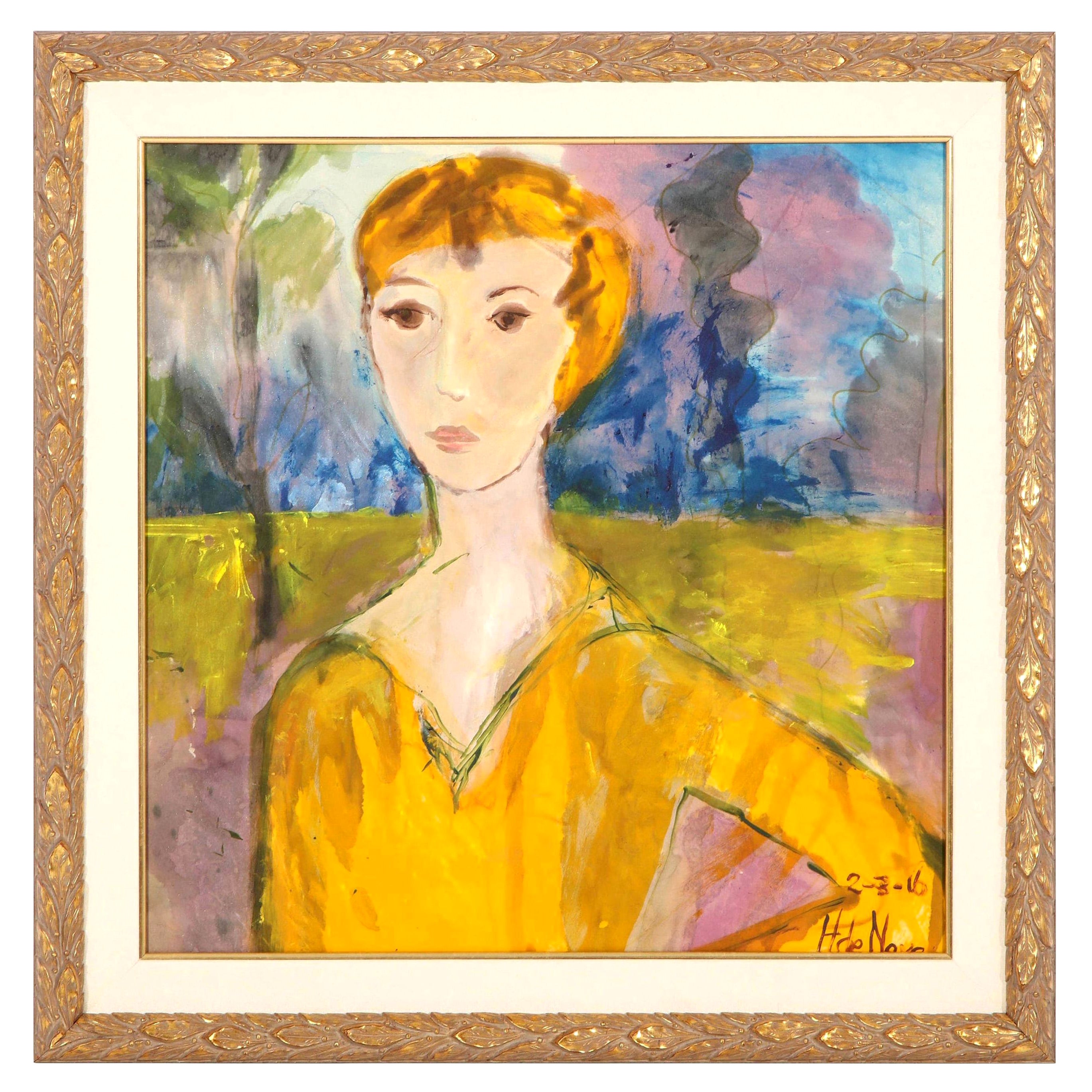 Painting, "the Golden Lady",  Painted on Silk Fabric, Modern Contemporary Art
