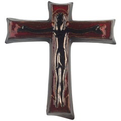 Wall Cross, Dark Red and Black Painted Ceramic, Handmade in Belgium, 1970s