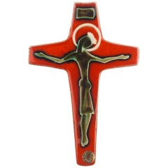 Wall Cross, Green, Orange Painted Ceramic, Handmade in Belgium, 1960s