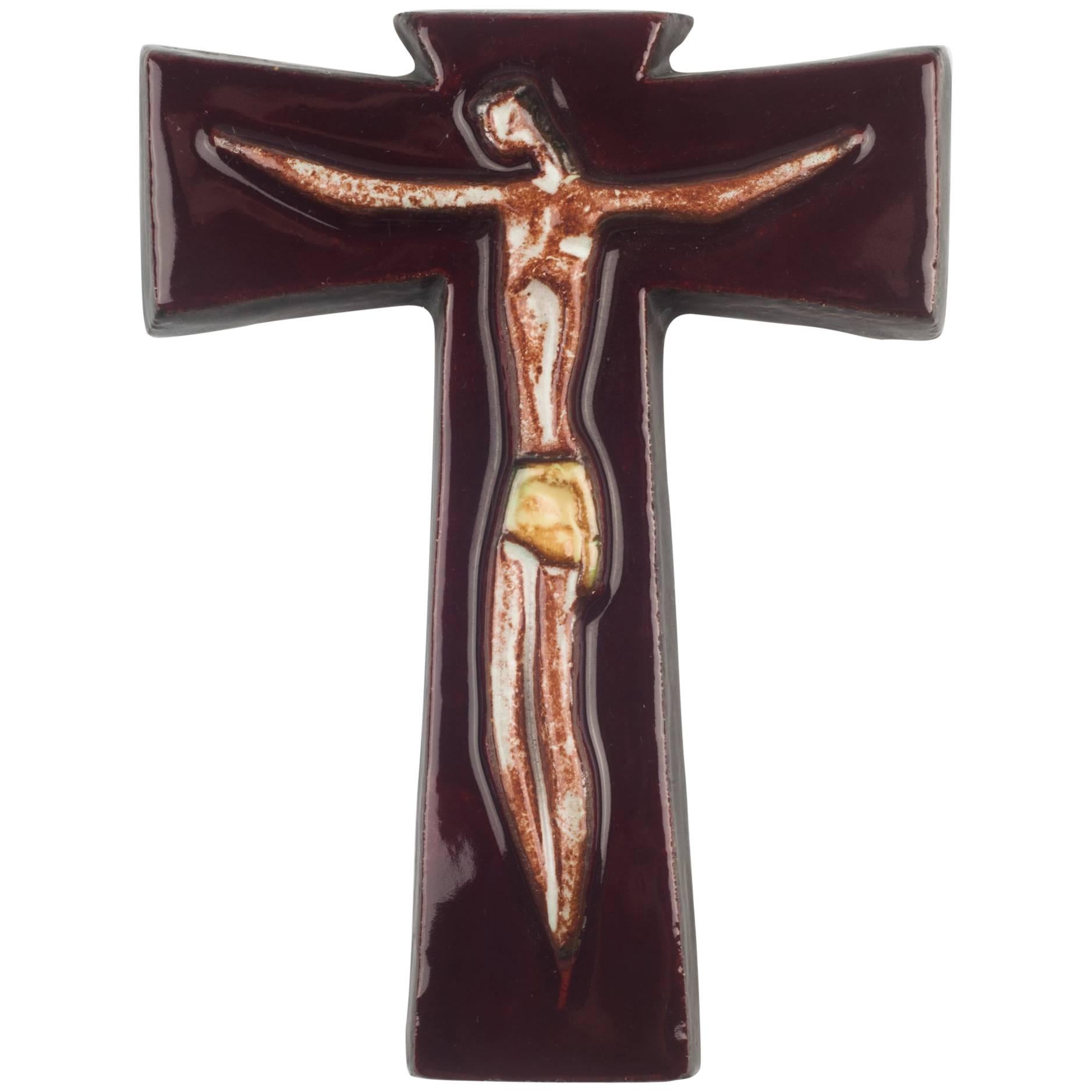 Wall Cross, Brown, White, Painted Ceramic, Handmade in Belgium, 1970s For Sale