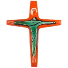 Wall Cross, Orange, Green Painted Ceramic, Handmade in Belgium, 1960s 6