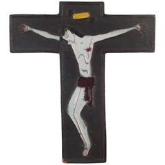 Wall Cross, Black, White Painted Ceramic, Handmade in Belgium, 1960s