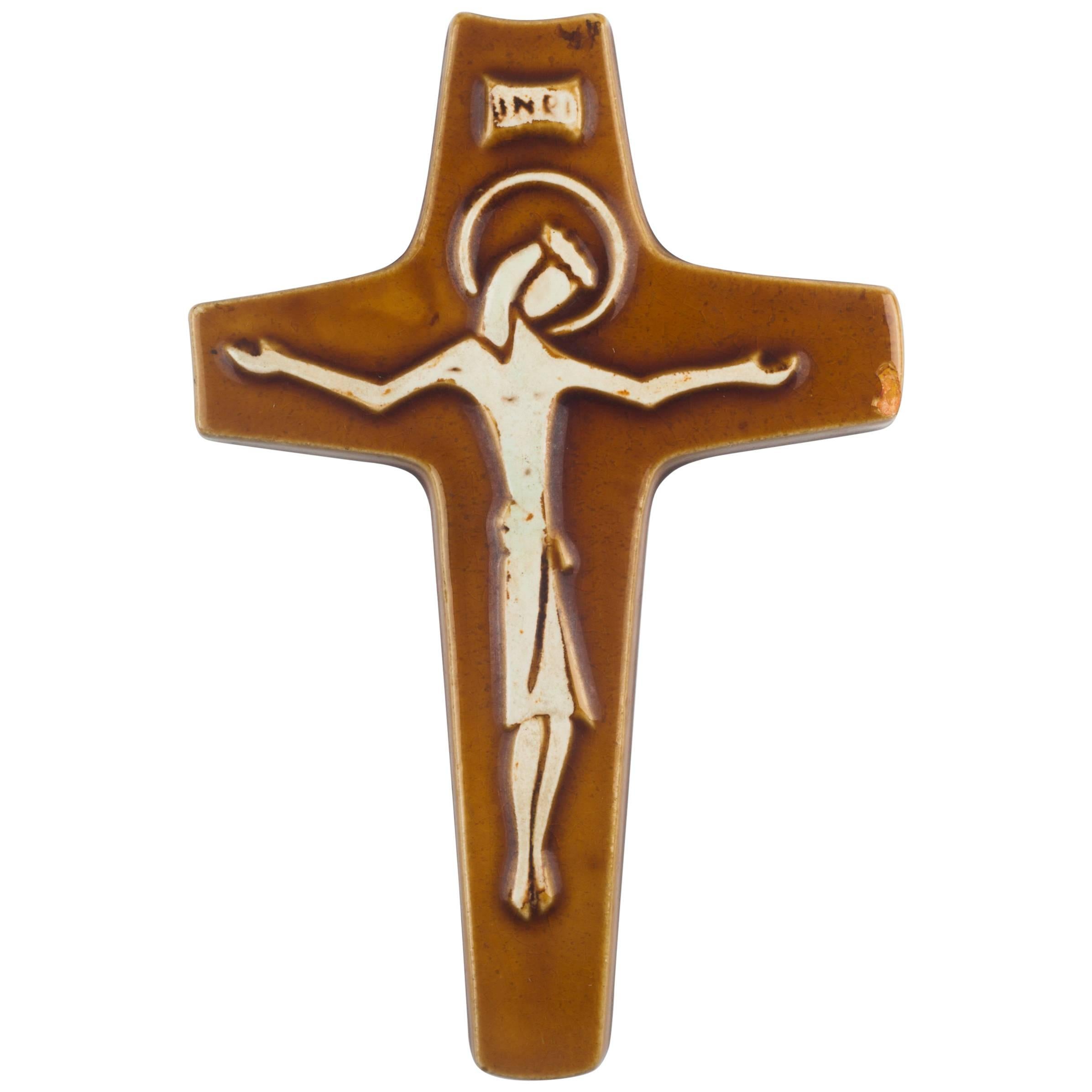 Wall Cross, Brown, White Painted Ceramic, Handmade in Belgium, 1960s For Sale