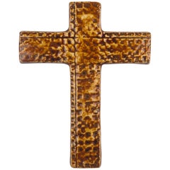 Wall Cross, Brown, Beige Painted Ceramic, Handmade in Belgium, 1960s 8