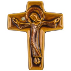 Wall Cross, Brown, Beige Painted Ceramic, Handmade in Belgium, 1960s