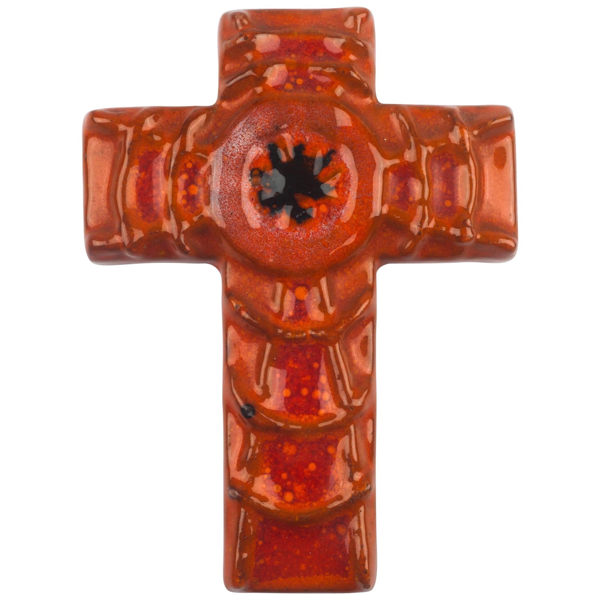 Wall Cross, Orange, Black Painted Ceramic, Handmade in Belgium, 1970s