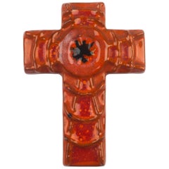Wall Cross, Orange, Black Painted Ceramic, Handmade in Belgium, 1970s Wall Cross, Orange, Black Painted Ceramic, Handmade in Belgium, 1970s