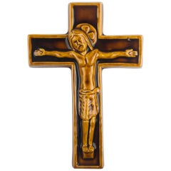 Wall Cross, Brown, Beige, Yellow Painted Ceramic, Handmade in Belgium, 1960s