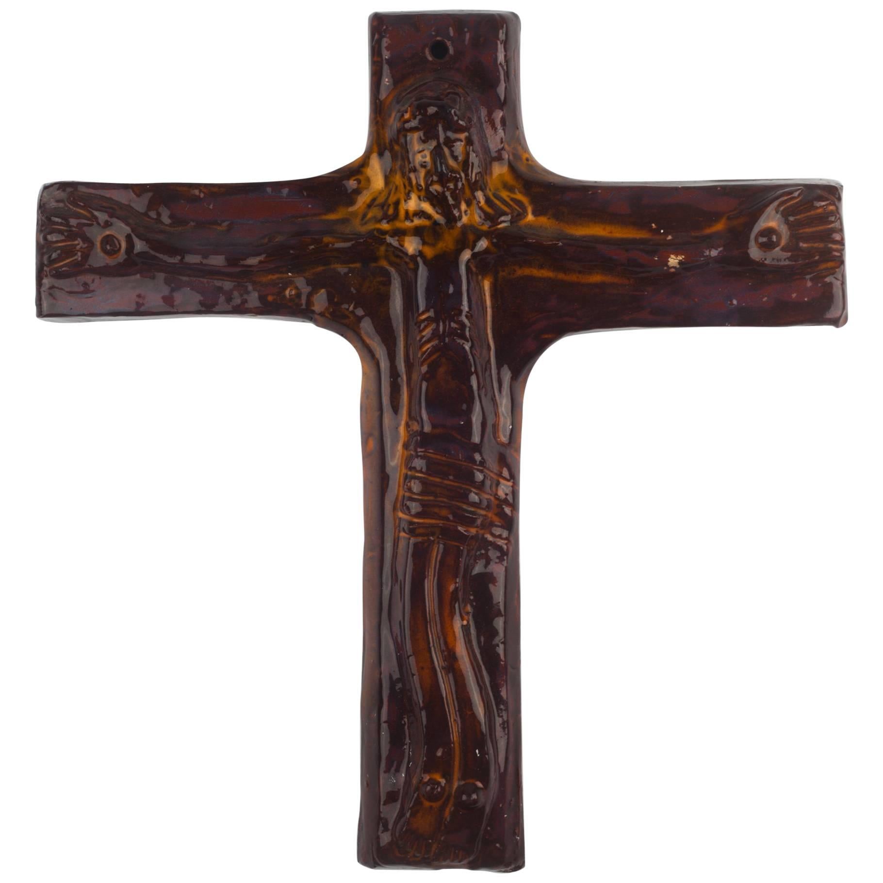 Wall Cross, Brown, Yellow Painted Ceramic, Handmade in Belgium, 1960s For Sale