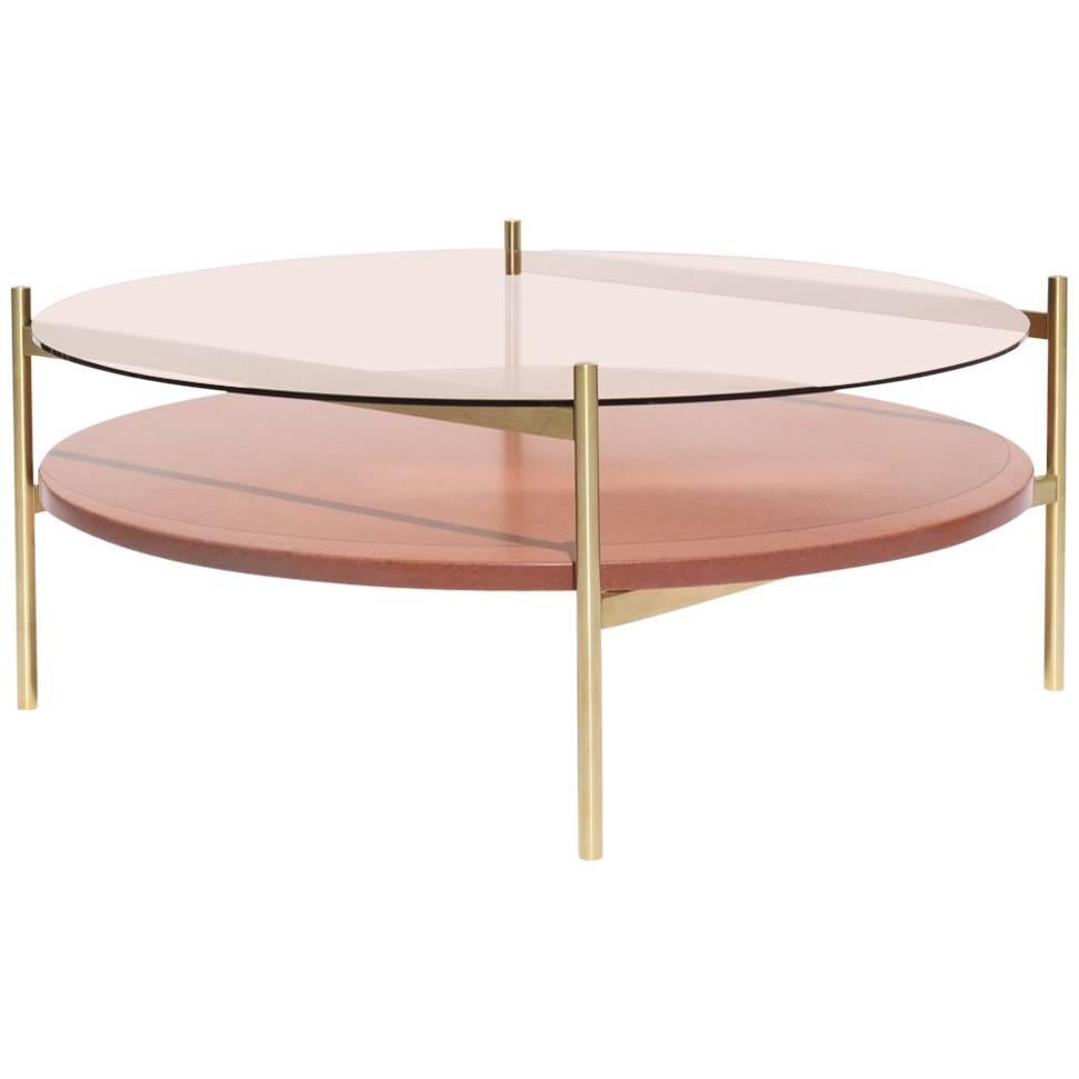 Duotone Circular Coffee Table, Brass Frame / Rose Glass / Rust Mosaic For Sale