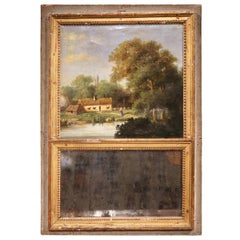 Small 18th Century French Painted and Gilt Trumeau Mirror with Pastoral Scene