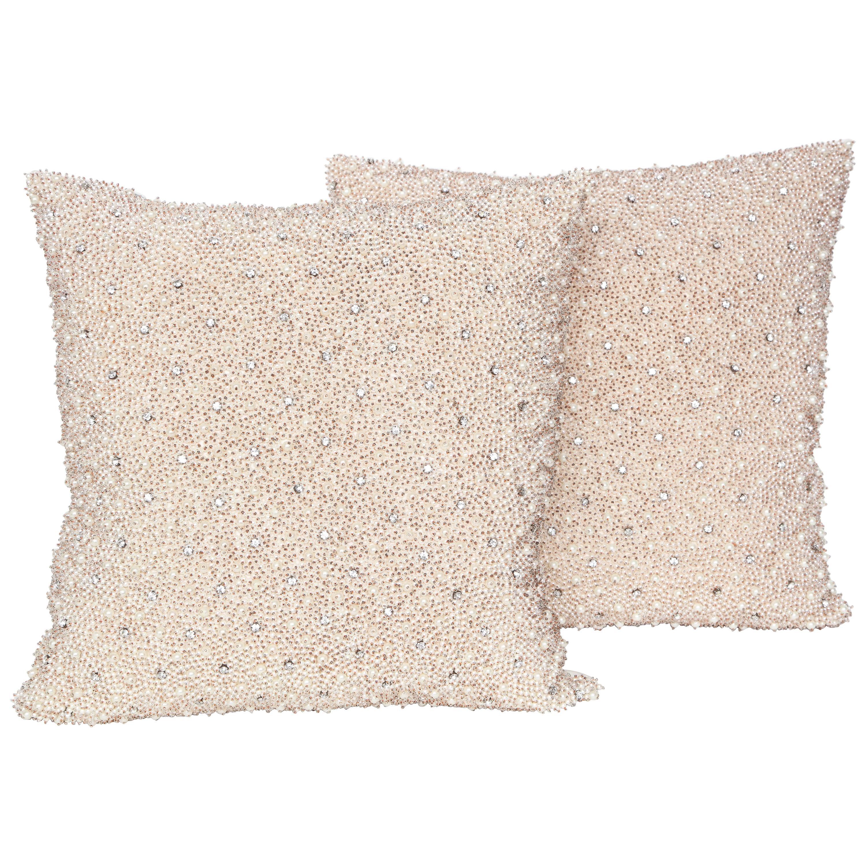 Custom Pair of Pearl and Rhinestone Embellished Pillows