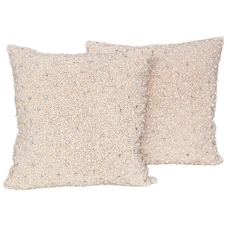 Pair of Pearl and Rhinestone Embellished Pillows For Sale at 1stdibs