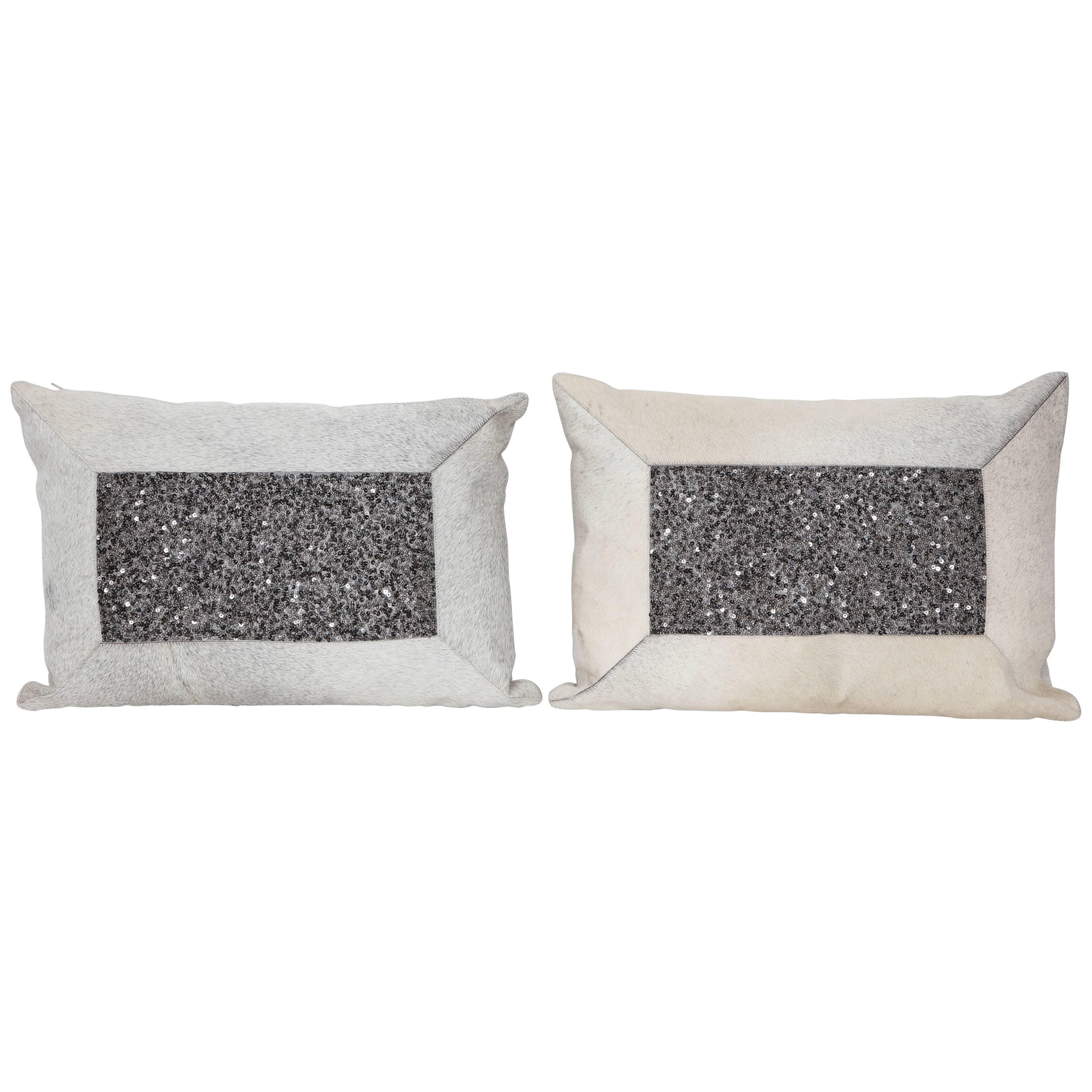 Pair of White Brindle Hide and Bead Pillows For Sale