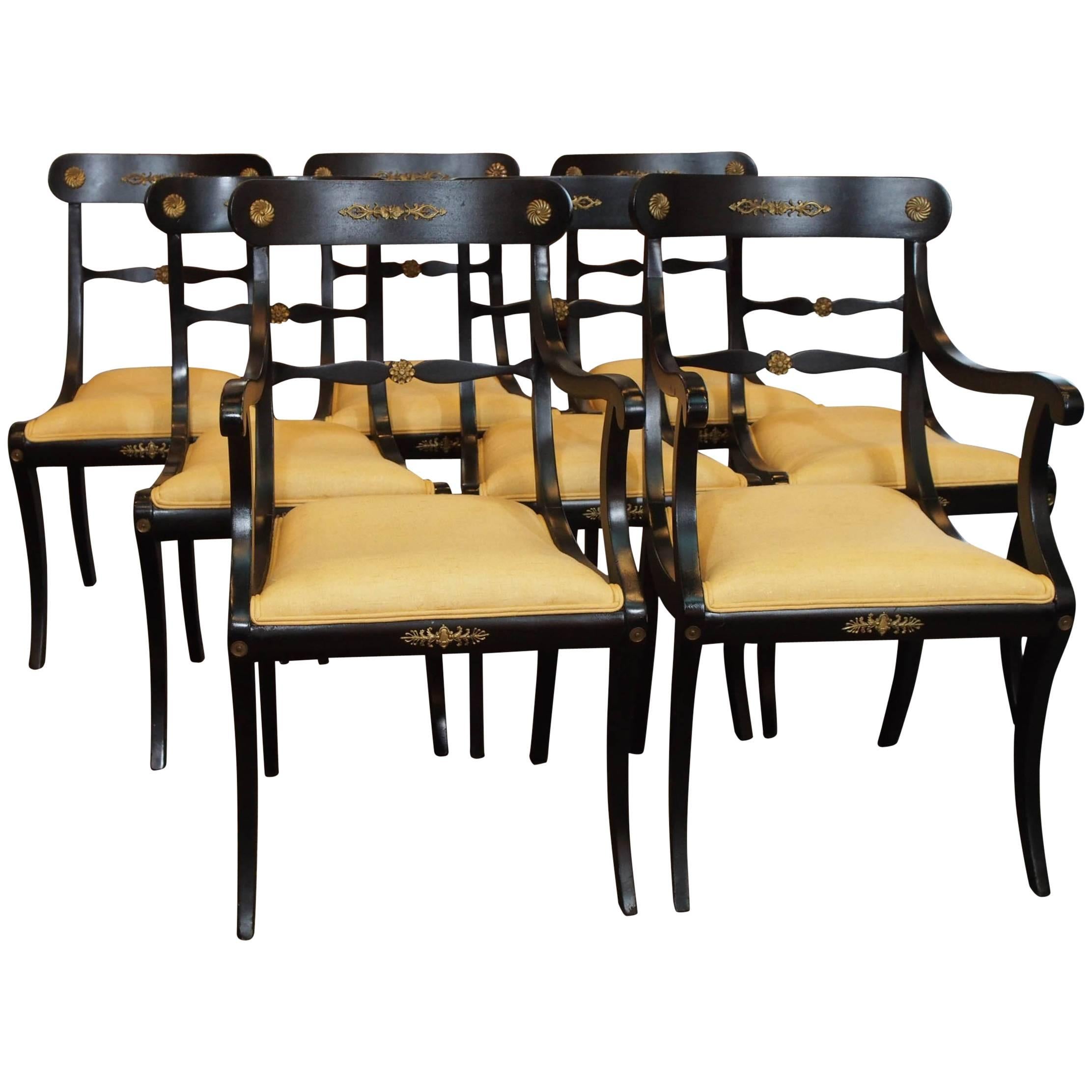 Set of Eight Ebonized Dining Chairs, Regency Style, circa 1920